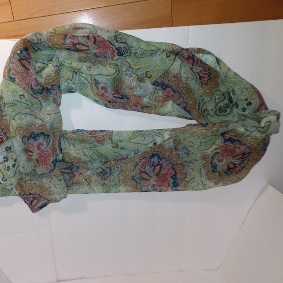 Sequence green gold design look scarf. Measures approx. 22"x56.5". - Picture 2 of 3